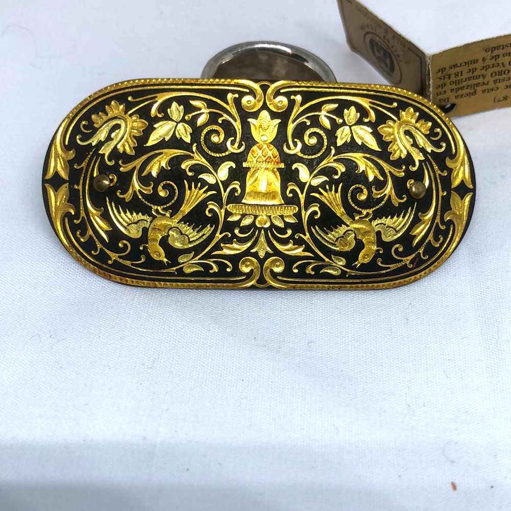 Vintage 24k Gold 18k green gold damascene hair broach made in Toledo Spain